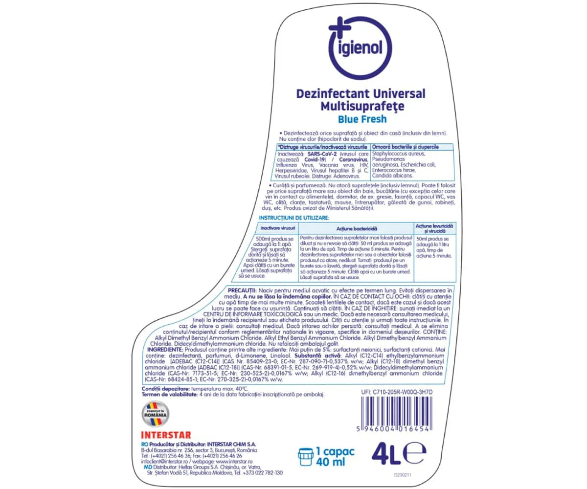 Dezinfectant Universal Fara Clor Igienol Blue Fresh 4L Rezerva