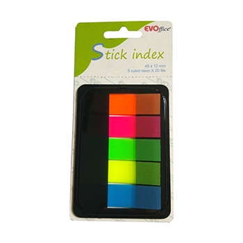 Stick Index Plastic Cu Dispencer 45*12 Mm, 5 Culori Neon 20 File Evoffice
