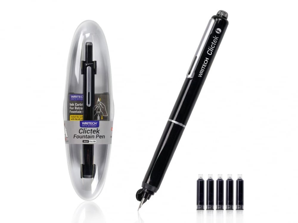 Stilou retractabil Writech corp negru cu cutie cadou si 5 patroane cerneala albastre