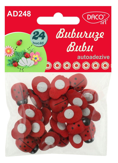 Set de 24 buburuze decorative din lemn autoadeziv, culori roșu și negru, brand DACO Art, cod AD248, pentru proiecte handmade