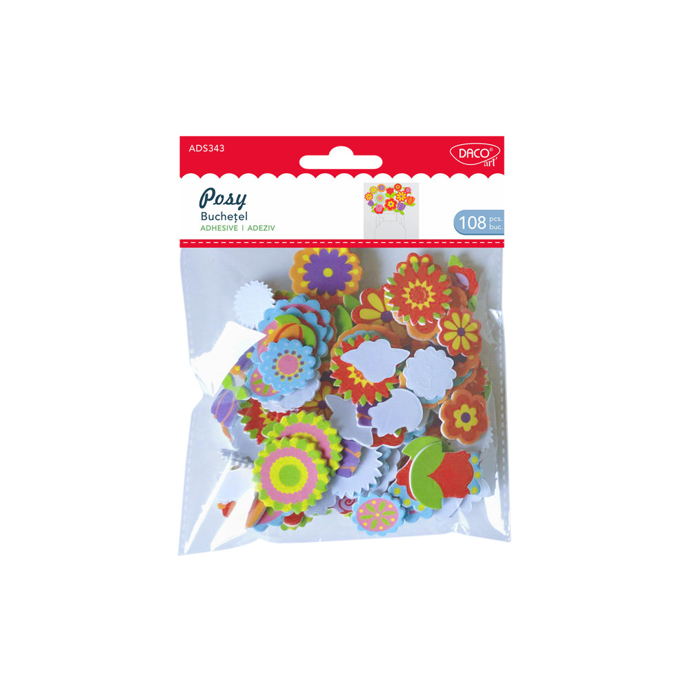 Set de 108 flori decorative din spumă autoadezivă în 12 modele și dimensiuni variate, brand DACOart, cod AD343