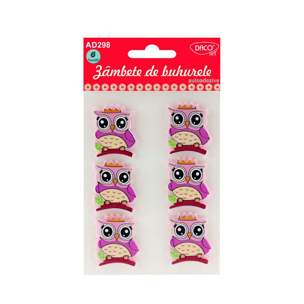 Set de 6 figurine decorative bufnițe 3D din lemn și fetru, autoadezive, dimensiuni 4x3.5 cm, brand DACO, cod AD298