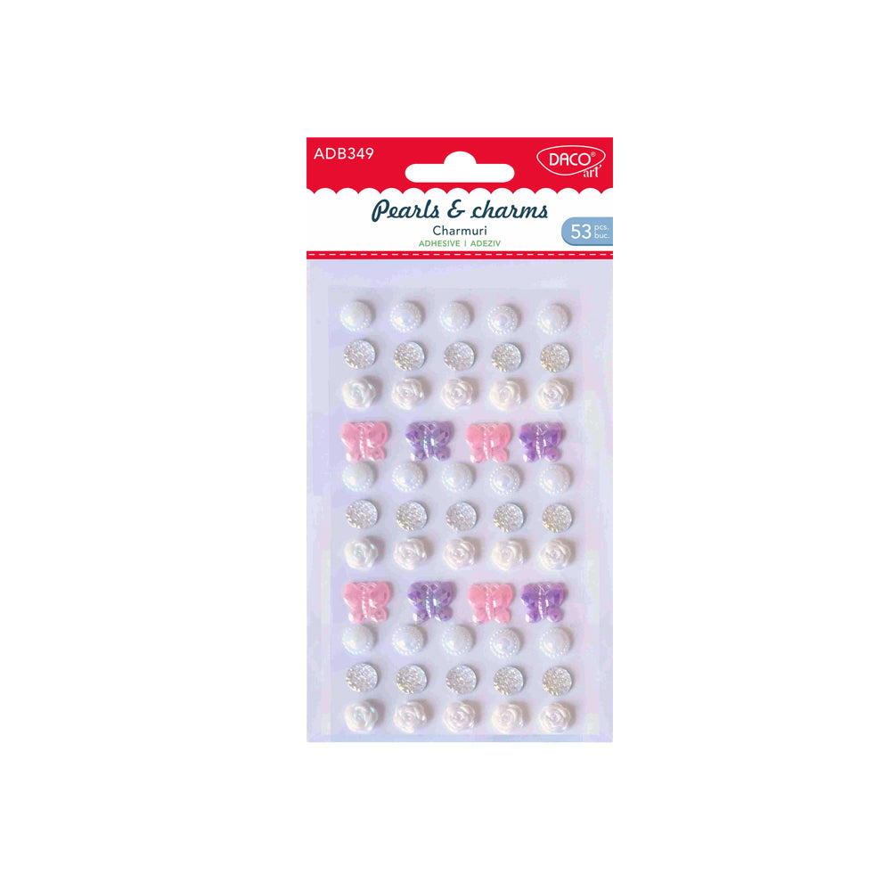 Set de 53 charmuri decorative autoadezive din plastic cu perle și figurine stilizate, dimensiuni variate, brand DACO Art, cod AD349