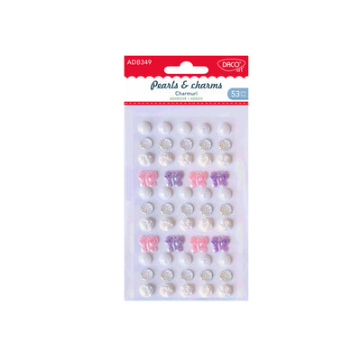 Set de 53 charmuri decorative autoadezive din plastic cu perle și figurine stilizate, dimensiuni variate, brand DACO Art, cod AD349