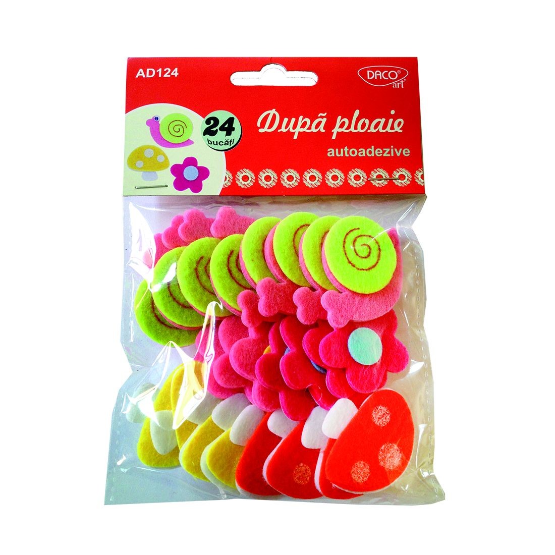Set de 24 de elemente decorative "După ploaie" din pâslă 3D autoadezivă, brand DACO Art, cod AD124, cu nori, picături și flori