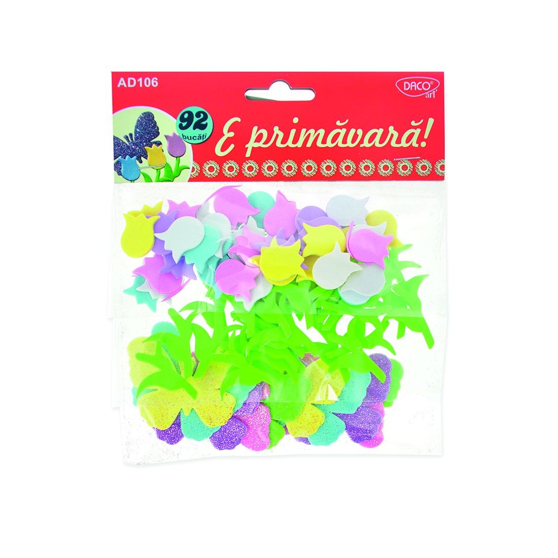 Set de 92 de forme decorative din spumă autoadezivă cu modele de lalele, fluturi și frunze, brand DACO Art, cod AD106