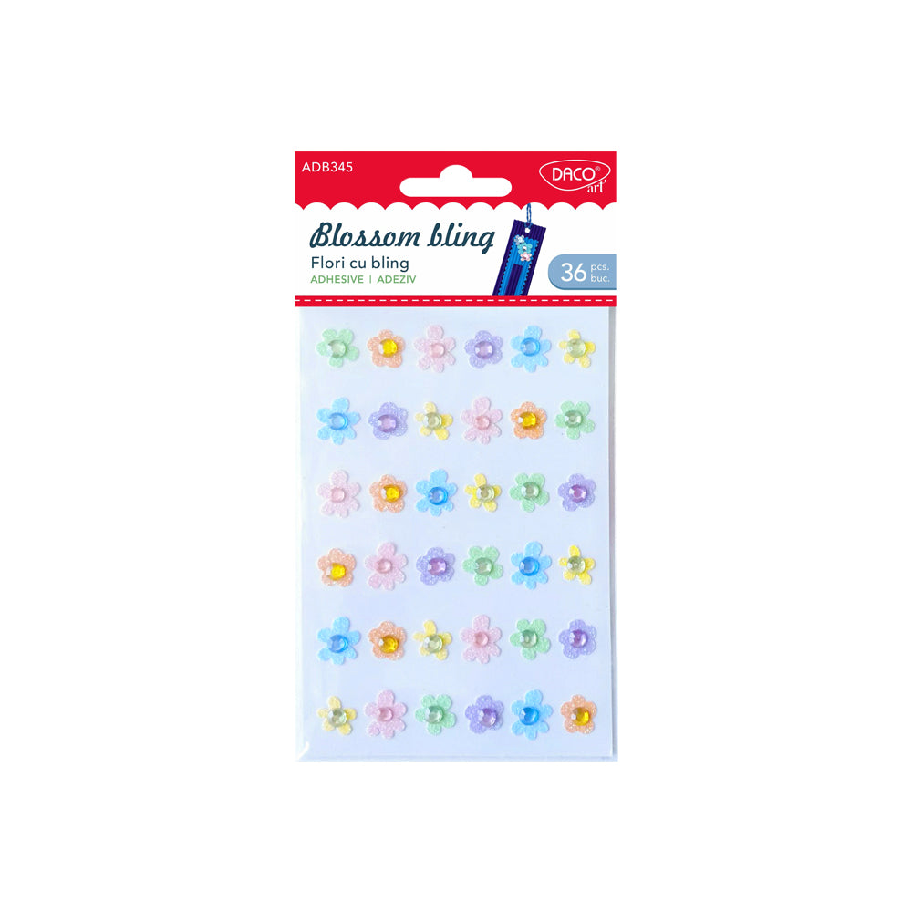 Set de 36 flori decorative autoadezive din plastic cu element central strălucitor, culori și dimensiuni variate, brand DACO Art, cod AD345