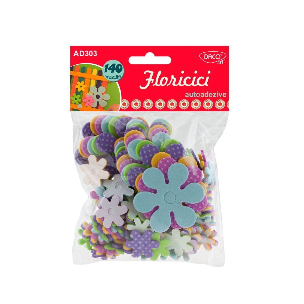 Set de 140 floricele decorative din spumă moale autoadezivă, culori vibrante și dimensiuni variate, brand DACOart, cod AD295