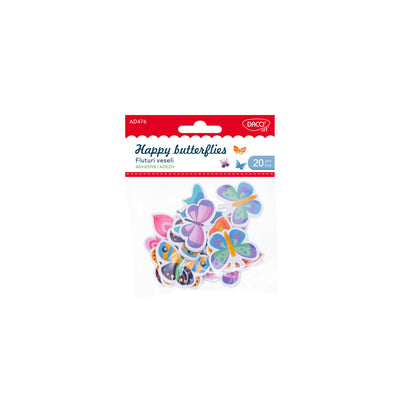 Set de 20 accesorii decorative fluturi veseli din spumă autoadezivă, design și dimensiuni variate pentru proiecte craft și activități copii, brand DACO, cod AD476