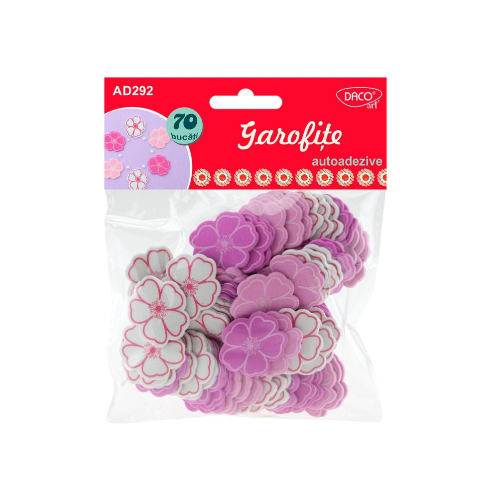 Set de 70 garofițe decorative din spumă autoadezivă în 3 culori vibrante, dimensiuni 3x2.6 cm, brand DACOart, cod AD292