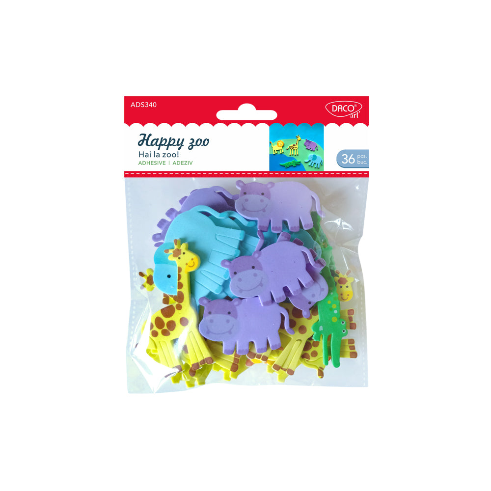 Set de 36 figurine decorative din spumă autoadezivă cu tematică animale de la zoo, dimensiuni variate, brand DACOart, cod AD340