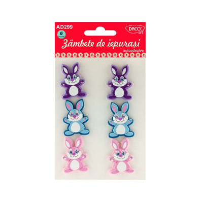 Set de 6 figurine decorative iepurași 3D din spumă și fetru, autoadezive, dimensiuni 4x3 cm, brand DACO Art, cod AD299