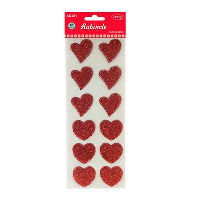 Set de 12 inimi decorative din plastic autoadeziv cu finisaj glitter roșu, dimensiuni 4x4 cm, brand DACO Art, cod AD281