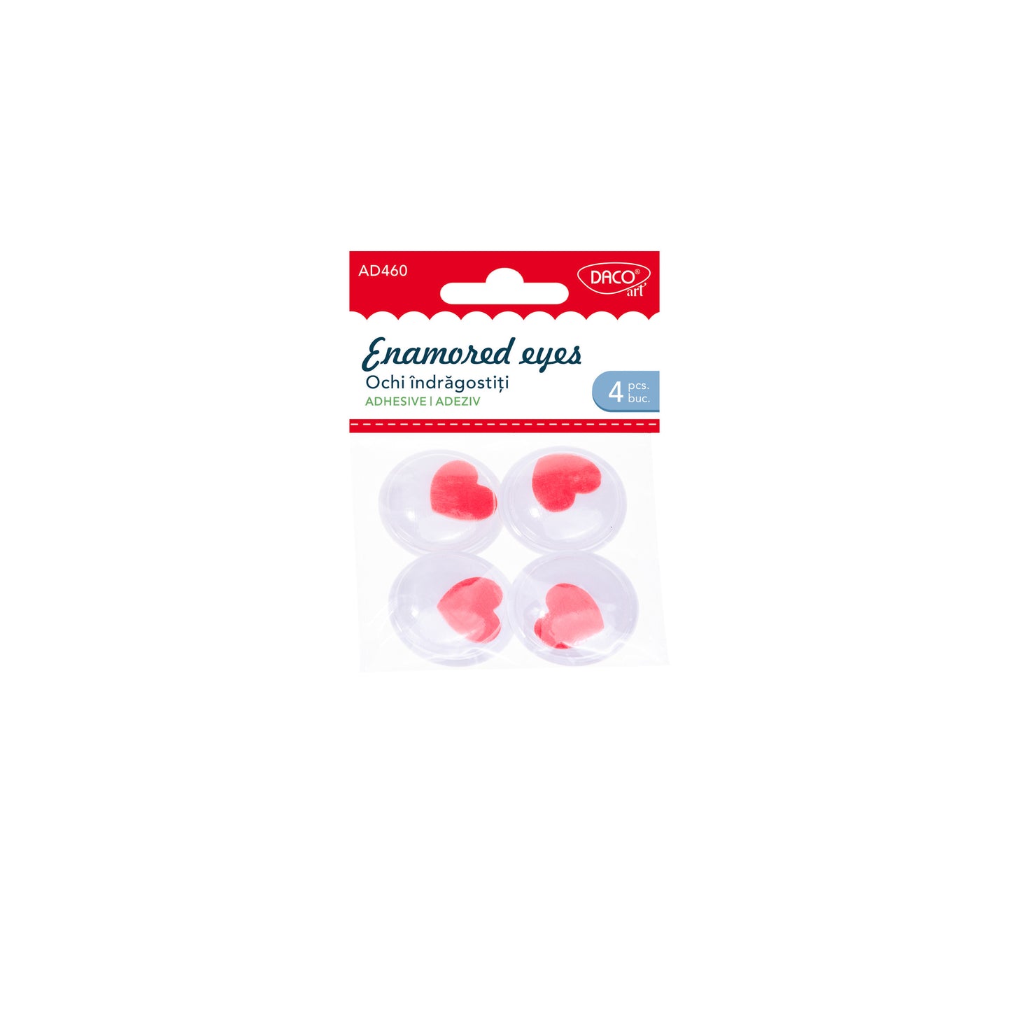 Set de 4 ochi decorativi autoadezivi cu pupilă în formă de inimă roșie, diametru 3,5 cm, brand DACO Art, cod AD460