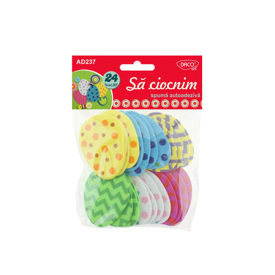 Set de 24 ouă decorative din spumă autoadezivă cu modele grafice și buline, brand DACO Art, cod AD237, pentru proiecte craft de Paște