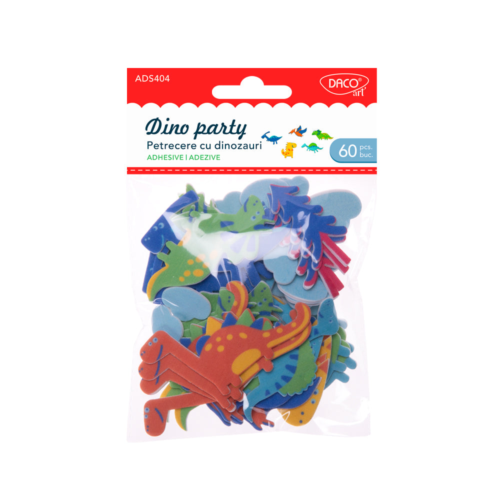 Set de 60 accesorii decorative din spumă autoadezivă Petrecere cu dinozauri, figurine tematice de dimensiuni variate, brand DACOart, cod AD404