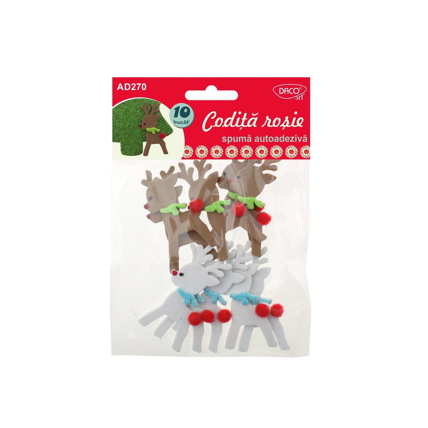 Set de 10 reni decorativi din spumă 3D autoadezivă cu codiță roșie tip pom-pom, dimensiuni 6.5x3 cm, brand DACOart, cod AD270