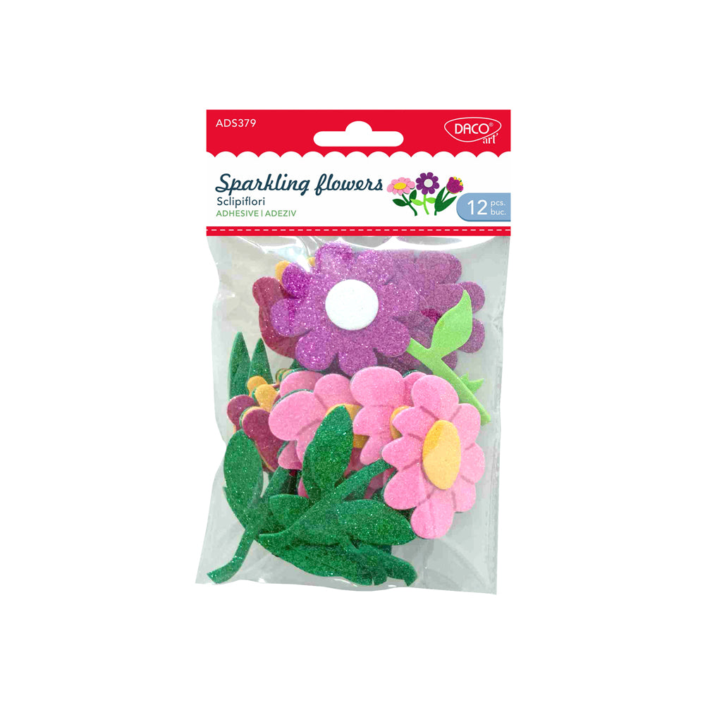 Set de 12 flori decorative sclipitoare din spumă autoadezivă, diametru 10 cm, brand DACOart, cod AD379