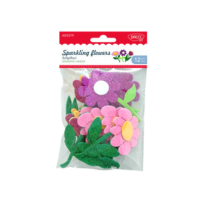 Set de 12 flori decorative sclipitoare din spumă autoadezivă, diametru 10 cm, brand DACOart, cod AD379