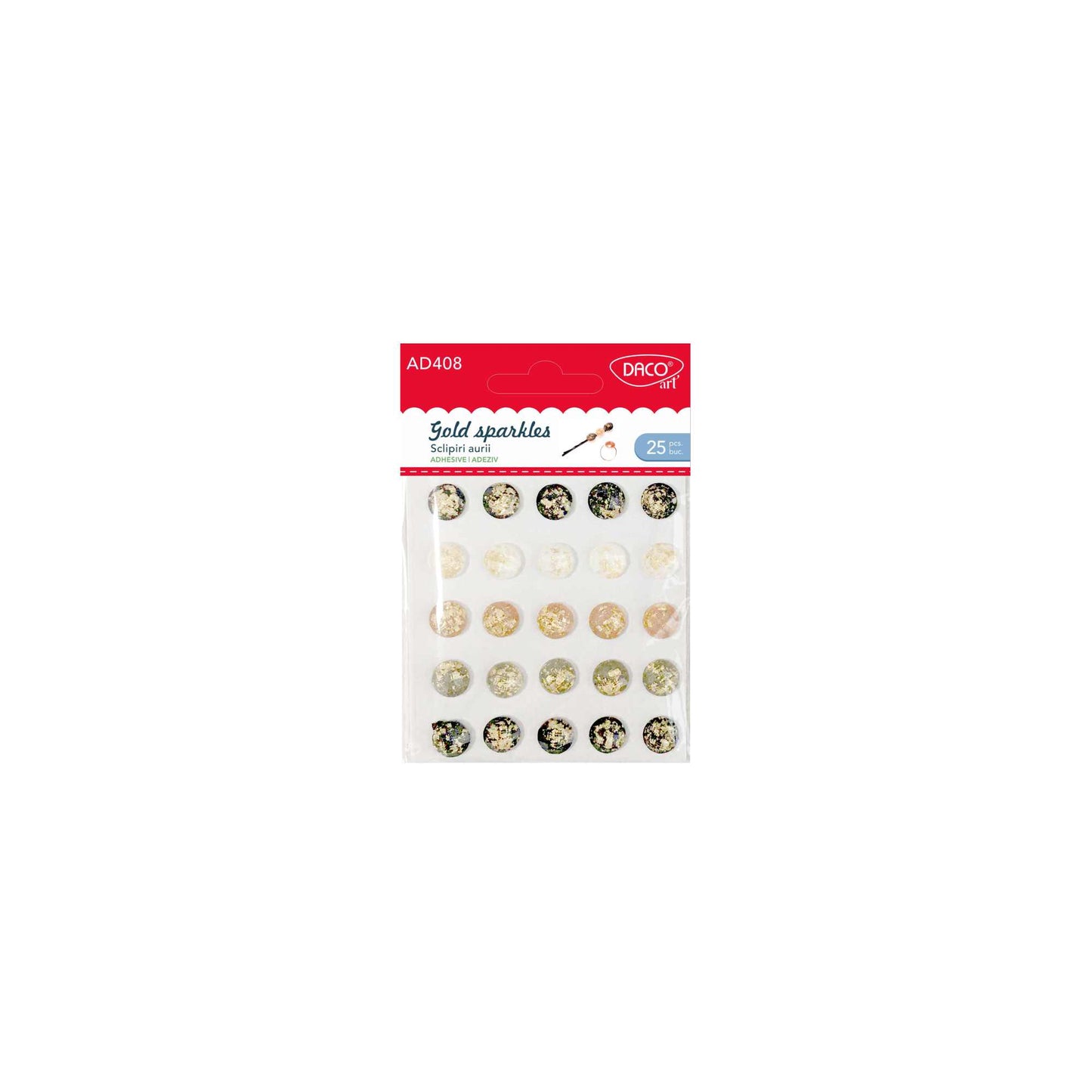 Set de 25 sclipiri aurii decorative autoadezive din plastic, formă rotundă, diametru 1 cm, brand DACO Art, cod AD408