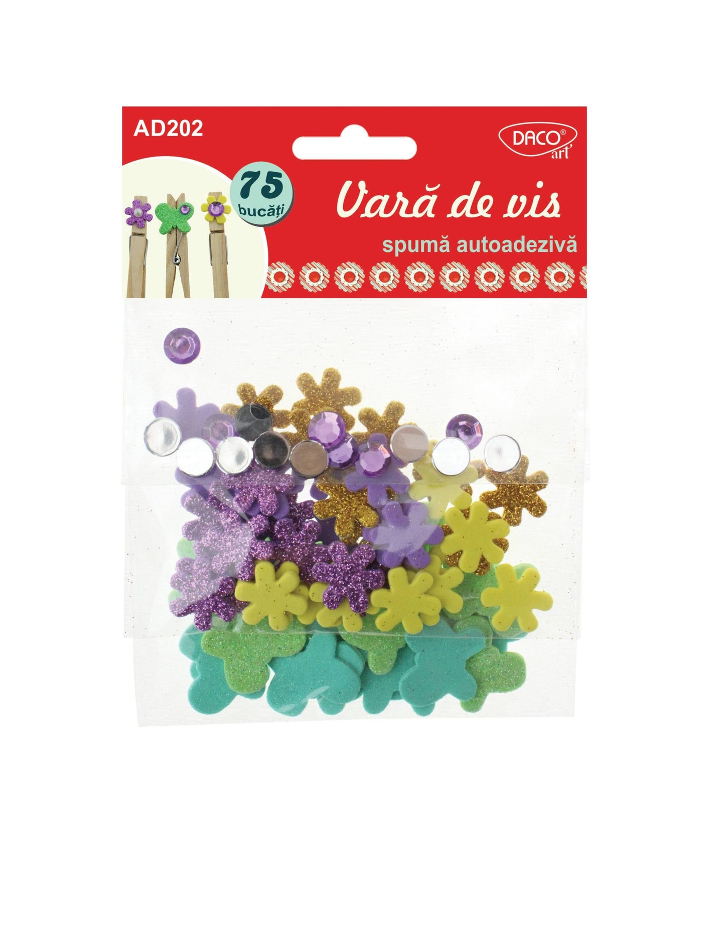 Set de 75 accesorii decorative cu fluturi și flori din spumă glitter, plastic și bling, brand DACO Art, cod AD202