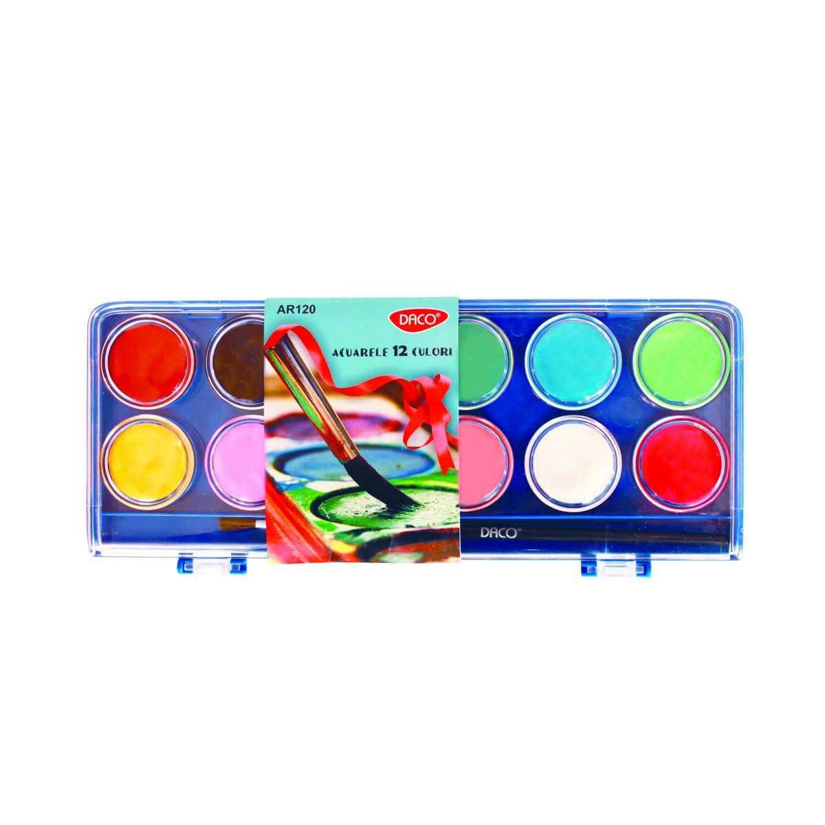 Set de acuarele DACO AR120 cu 12 culori vibrante pastile mari de 30 mm pensula inclusa si capac paleta pentru scoala