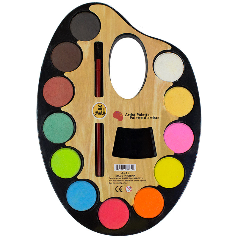Set acuarele Artist cu 12 culori vibrante si pensula pe paleta medie de pictor pentru scoala si hobby