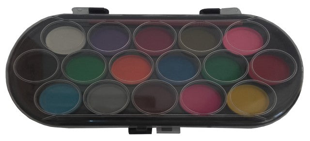 Set de 16 culori acuarela Evoffice cu pensula sintetica inclusa in cutie de plastic ovala pentru scoala si hobby