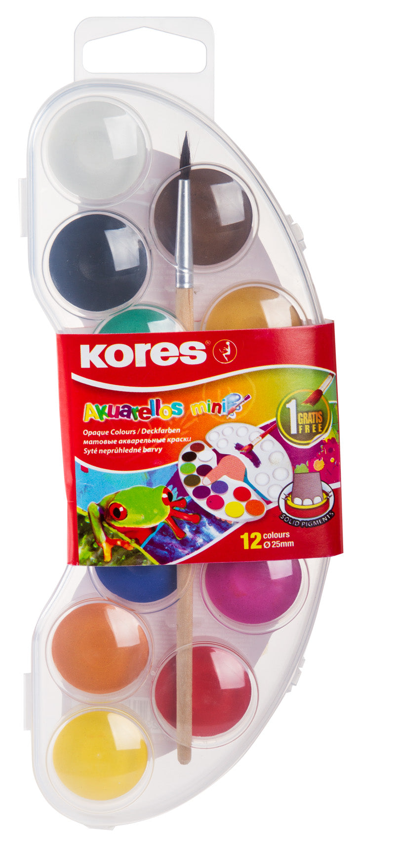 Set de 12 acuarele Kores Akuarellos Mini cu pastile de 25 mm si pensula inclusa culori vibrante pentru scoala