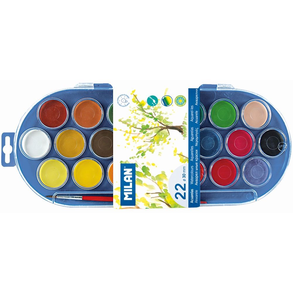 Set extins de 22 acuarele MILAN cu pastile de 30 mm si pensula nr 4 inclusa cutie ovala pentru scoala si proiecte artistice