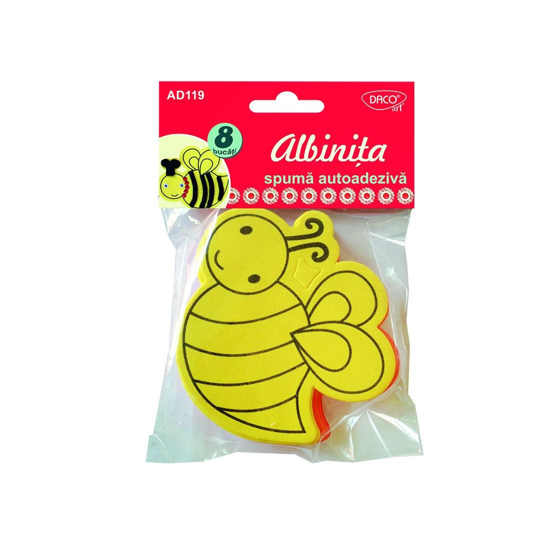 Set de 8 albinuțe decorative mari din spumă autoadezivă, brand DACO Art, dimensiune 10x9 cm, pentru proiecte școlare și activități creative