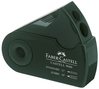 Ascutitoare dubla Faber-Castell Sleeve verde cu carcasa rotativa si container pentru creioane standard si jumbo
