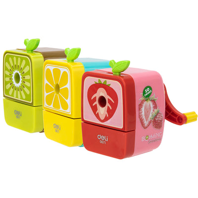 Ascuțitoare fixă cu design de fructe Deli, bază anti-alunecare și container transparent pentru resturi.