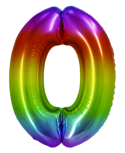 Balon decorativ gigant din folie în formă de cifra 0, design multicolor curcubeu, dimensiune 85 cm, brand DACO, include pai de umflare