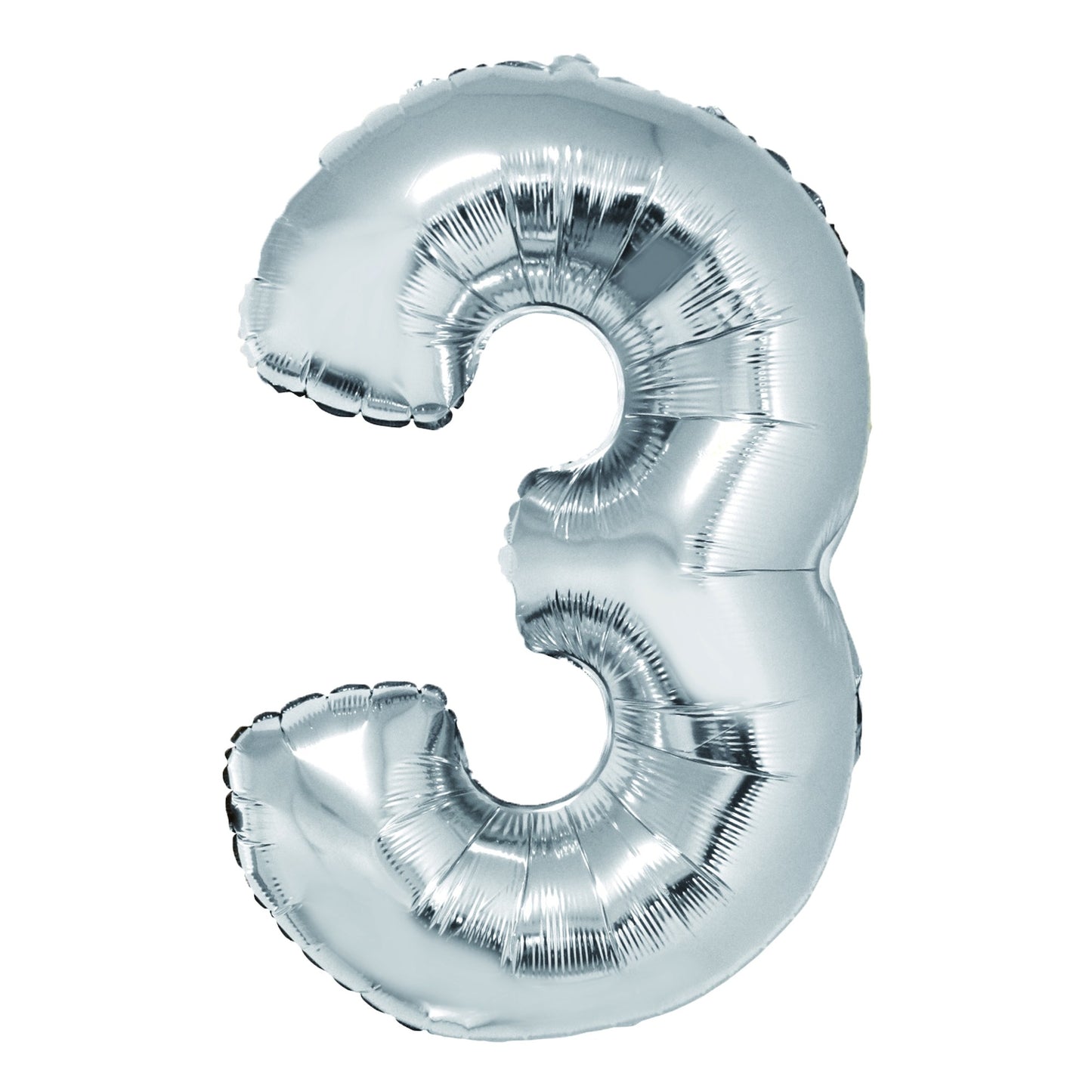 Balon decorativ din folie argintie în formă de cifra 3, dimensiune 85 cm, marca DACO, include pai din hârtie pentru umflare