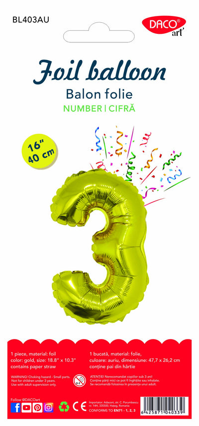 Balon decorativ din folie în formă de cifra 3, culoare aurie metalizată, dimensiune 40 cm, marca DACO, include pai din hârtie pentru umflare