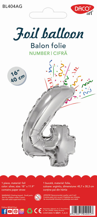 Balon decorativ din folie în formă de cifra 4, culoare argintie metalizată, dimensiune 40 cm, marca DACO, include pai din hârtie pentru umflare