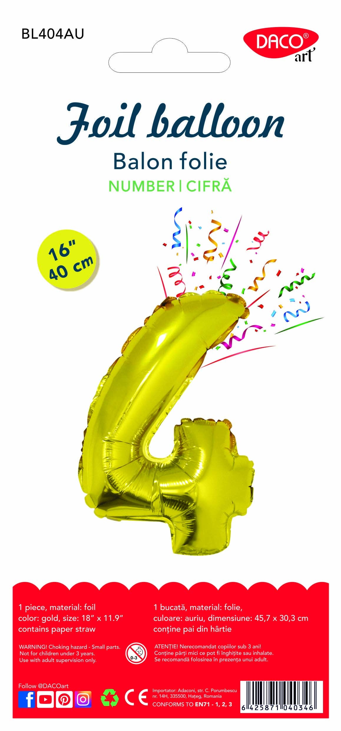 Balon decorativ din folie în formă de cifra 4, culoare aurie metalizată, dimensiune 40 cm, marca DACO, include pai din hârtie pentru umflare.
