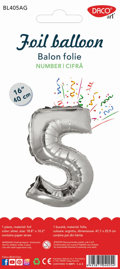 Balon decorativ din folie în formă de cifra 5, culoare argintie metalizată, dimensiune 40 cm, marca DACO, include pai din hârtie pentru umflare