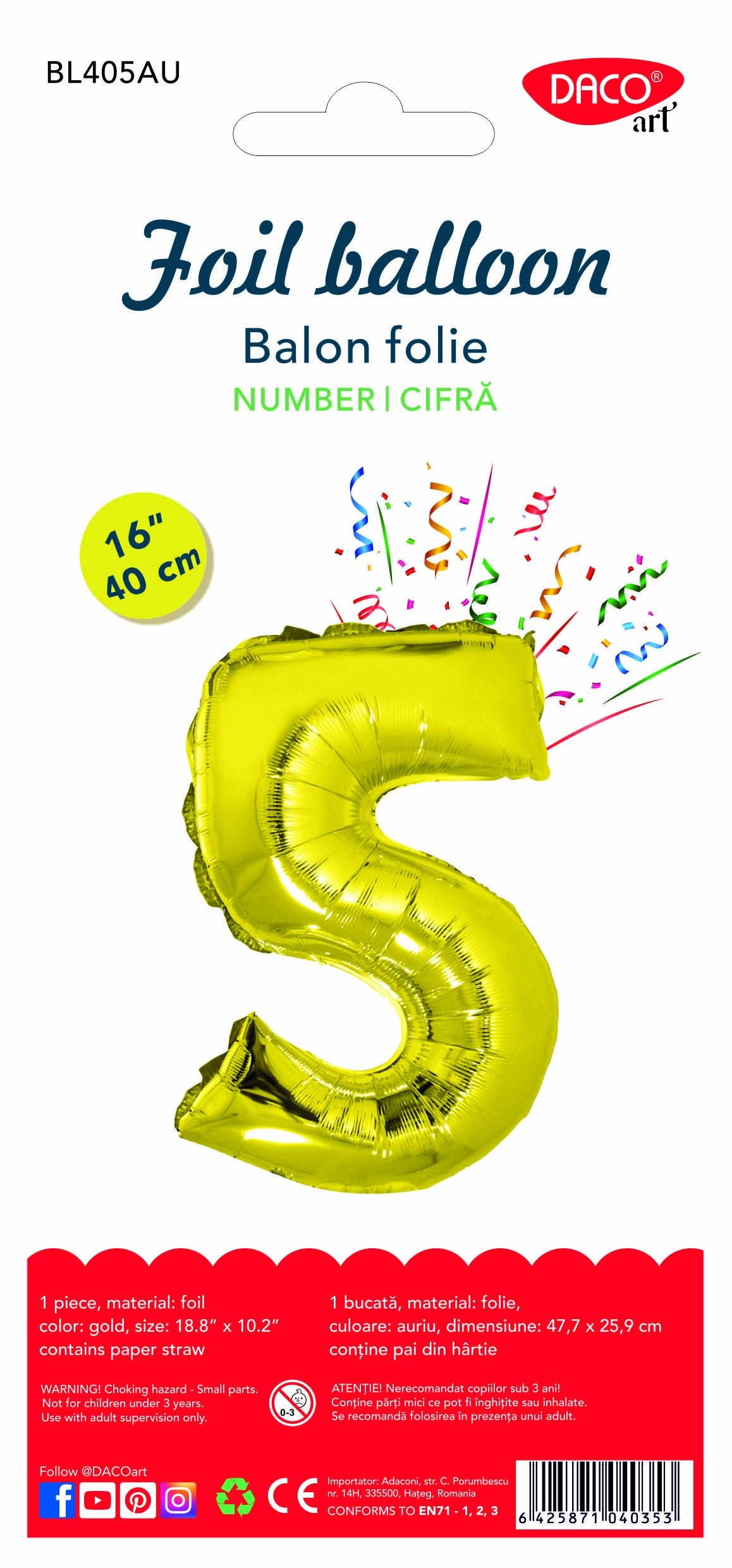 Balon decorativ din folie în formă de cifra 5, culoare aurie metalizată, dimensiune 40 cm, marca DACO, include pai din hârtie pentru umflare