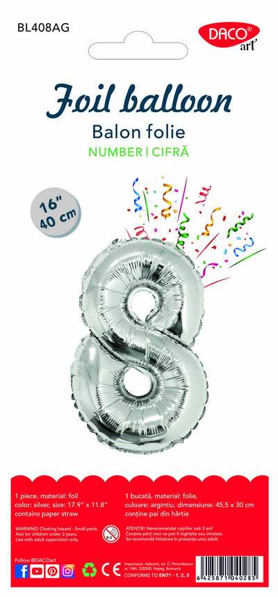Balon din folie argintie în forma cifrei 8, brand DACO, dimensiune 40 cm, accesoriu decorativ pentru aniversări și petreceri.