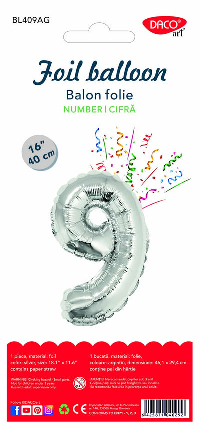 Balon din folie argintie în forma cifrei 9, brand DACO, dimensiune 40 cm, accesoriu decorativ pentru aniversări și petreceri.