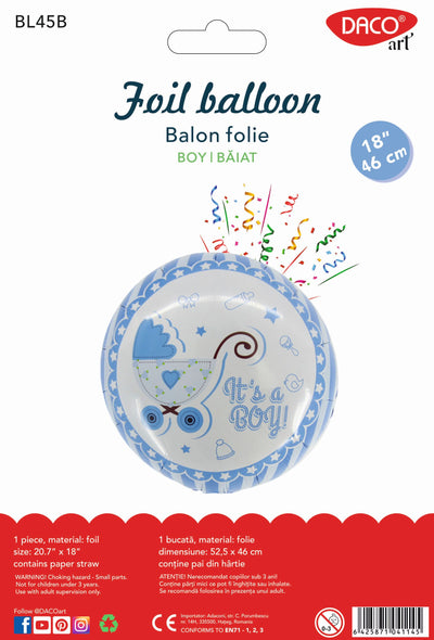 Balon rotund din folie albastră cu mesajul It’s a Boy, brand DACO art, cod produs BL45B, accesoriu decorativ pentru baby shower și nou-născuți.