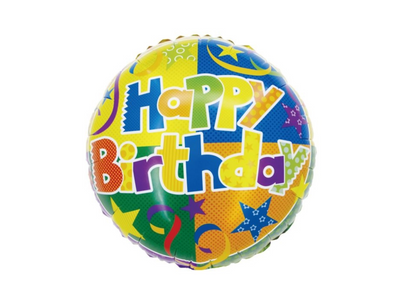 Balon rotund din folie metalizată cu mesajul Happy Birthday și design multicolor cu confetti și stele, brand DACO art, diametru 46 cm.