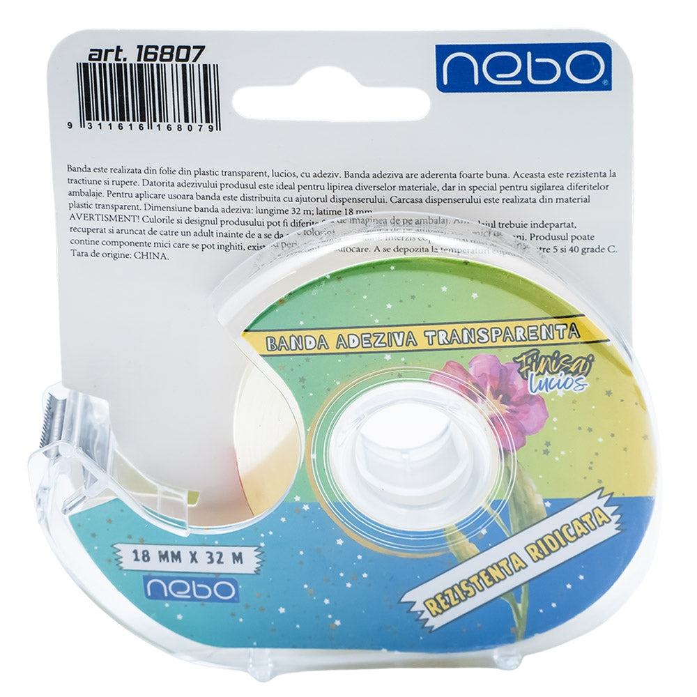 Banda adeziva transparenta, cu dispenser, 18mmx32m - NEBO