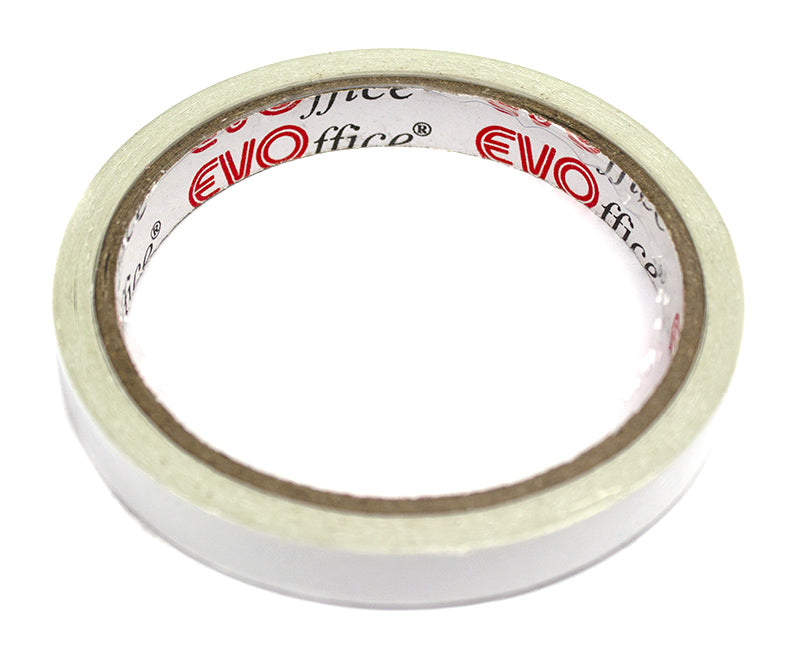 Rolă de bandă dublu adezivă EVOffice, lățime 12 mm, lungime 10 m, ideală pentru montare, craft și activități de birou.
