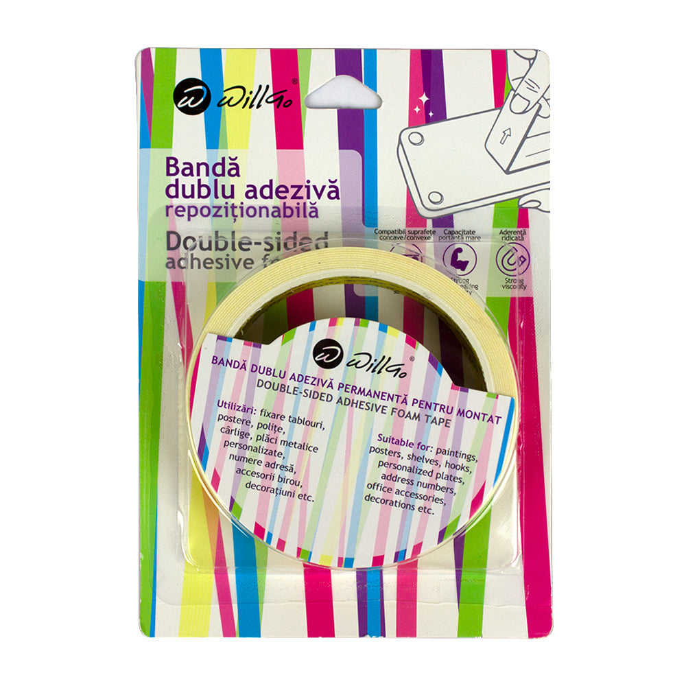 Rolă de bandă dublu adezivă repoziționabilă Willgo, lățime 24 mm, lungime 3 m, ideală pentru tablouri, postere, polițe și decorațiuni fără a lăsa reziduuri.
