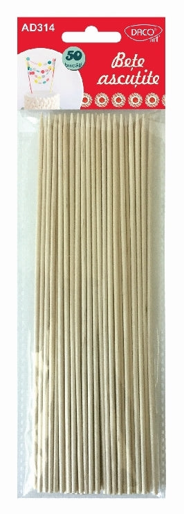 Set de 50 de bețe ascuțite din lemn natural cu lungimea de 20 cm și diametrul de 3 mm, marca DACOart, cod AD314, potrivite pentru decorațiuni craft și aranjamente