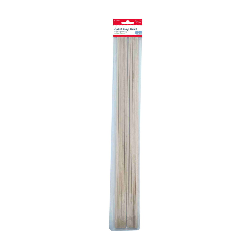 Set de 10 bețe super lungi din lemn natural cu secțiune pătrată, lungime 50 cm, brand DACOart, cod AD369, ideale pentru structuri rigide și machete.