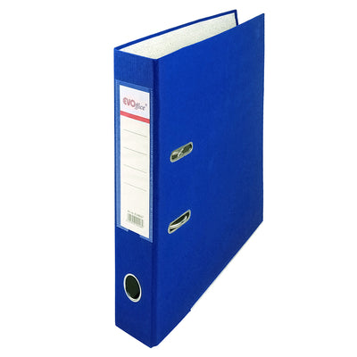iblioraft carton plastifiat EVOffice, format A4, grosime cotor 5 cm, culoare albastru, dotat cu margine metalică și buzunar etichetă pentru arhivare.